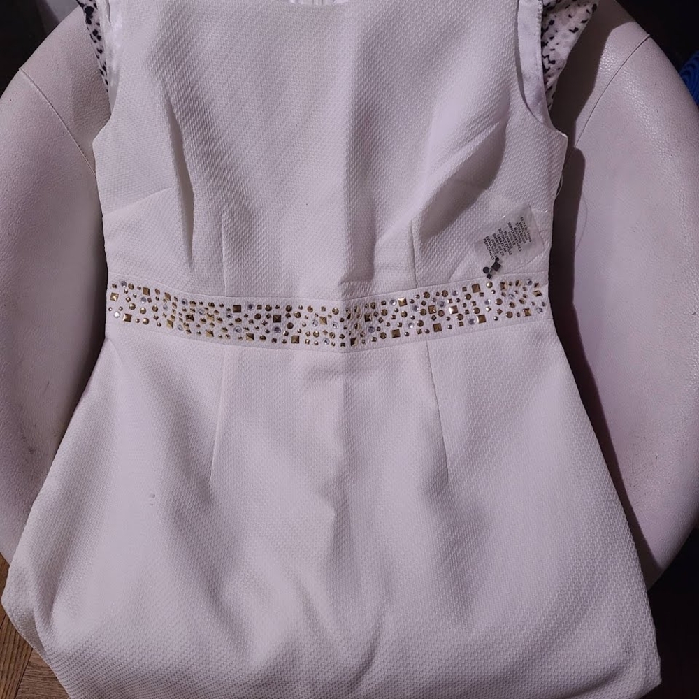 Elegant/Professional White Dress with Gold And Silver Accents